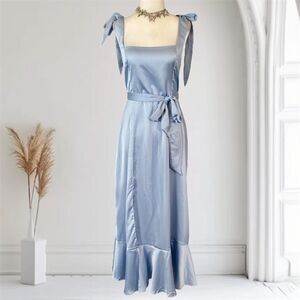 Show Me Your Mumu Romantic Whimsical Satin Blue Claire Midi Dress L